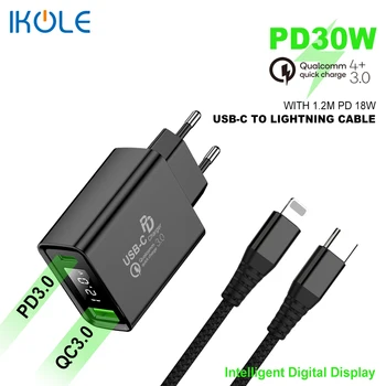 IKOLE PD Carregador PD30W Carga Rápida QC4+ QC4.0 QC3.0 Turbinar Para Huawei USB Samsung-Tipo C 20W de Carregamento Rápido Para o iPhone 12 8