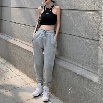 Estilo coreano Solta corredores de mulheres de Calça Vintage Cinza mulher Sorridente de Impressão Casual calças de Cintura Alta 2020 Outono Harun Calças