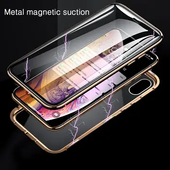 Para o iPhone 11 Pro X Xs Max XR 8 7 6 6s Plus Caso de Telefone, Dupla de Vidro 360 Cobertura Completa Magnético de Adsorção de Armação de Metal de Revestimento