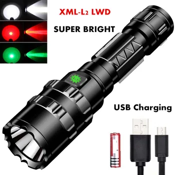 Vermelho/Verde/Branco de Luz Mais Potente Lanterna LED Tático Ultra Brilhante USB Recarregável, Impermeável Tocha 5 Modos de Caça Luz