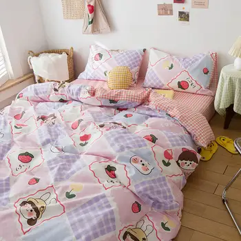 A Roupa de cama de Algodão para Meninas Tamanho Único Cartoon Conjuntos de Cama para Crianças Cor-de-Rosa Algodão roupa de cama