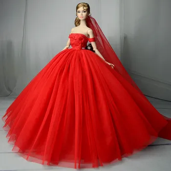 O Vestido de Noiva vermelho para a Boneca Barbie Princesa da Festa à Noite Vestido de Roupas Usa Vestido Longo Roupas Com Véu 1/6 Boneca Acessórios