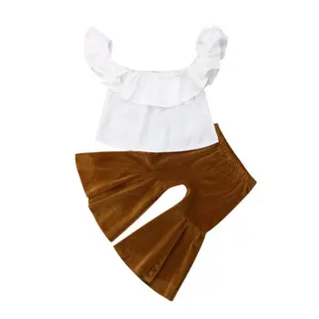 Boutique de roupas de Bebê Crianças Roupas de Menina Topo Sólido T-shirt+Calças Flares Bell Fundos de 2PCS Roupa Conjunto
