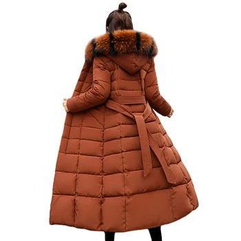 Moda Jaqueta De Inverno Mulheres Grandes Cinto De Pele Com Capuz Para Baixo De Espessura Parkas X-Longo Feminino Jaqueta Casaco Fino De Inverno Quente Outwear