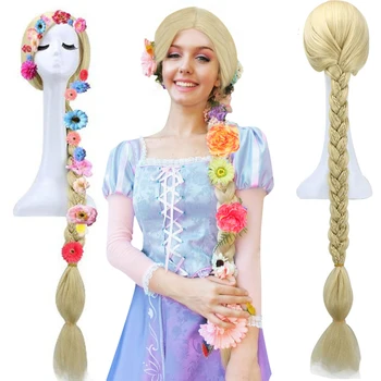 Anogol Emaranhado Princesa Rapunzel Longa Reta Trançado Loira De Cabelo Sintético Seis Flores De Cosplay Perucas Traje Para O Halloween