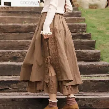 Outono inverno retro laço de emenda roupa de cama de algodão saia de mulheres do Japão estilo doce cintura elástica casual saia