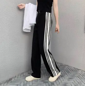 Do lado de Listra mulheres calças de harajuku cintura alta, calças de Cintura Elástica Listrado Falso Zíperes calças de Comprimento Total 2020 novo preto coreano
