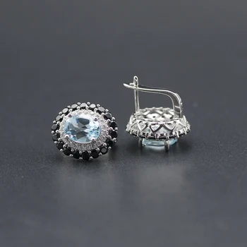 Anzogems natural topázio azul da jóia sólida prata 925 oval 9*7mm de pedra preciosa, anel, brincos de pingente de mulheres clássico