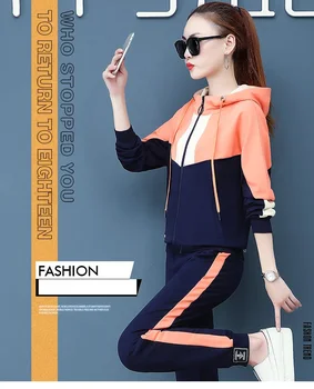Tamanho grande de roupas para mulheres de Lazer Esportivo terno feminino outono Agasalho com Capuz estilo coreano Senhora conjunto de roupa de 2 peças de conjunto 43