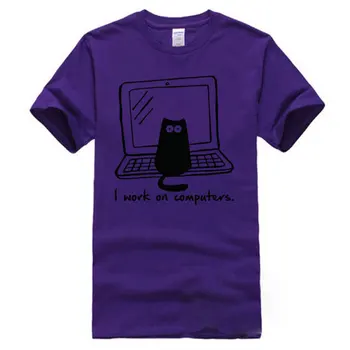 Trabalhador-LO Computadores Gato Populares T-Shirt Programador Código Faddish Aluno Tshirts Homem Algodão, com Desconto de T-Shirt Camisolas