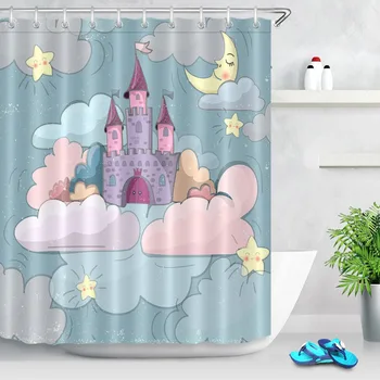 LB Cartoon Engraçado Estrelas Conto de Fadas da Menina Nuvens Castelo Lua Cortina de Chuveiro Impermeável de casa de Banho Personalizadas de Tecido Para Crianças, Banheira de Decoração