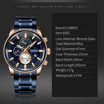 Top de marcas de Luxo CURREN observar os Homens Militares Cronógrafo de Aço Inoxidável, Impermeável Esporte relógio de Pulso de Quartzo Homens Relógios Data de Relógio