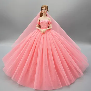 Vestido da boneca Artesanal de Alta qualidade Cauda Longa Noite, Vestido de Roupas Lace Vestido de Noiva +Véu Para a Boneca Barbie 1:6 Acessórios da Boneca