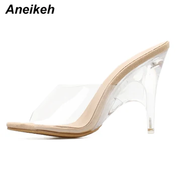 Aneikeh Mulheres Chinelos de quarto 2020 Moda de Salto Alto de Mulheres Estranhas Saltos Mulas PVC Transparente Sapatos Claro Dedo do pé Aberto Damasco Tamanho 42