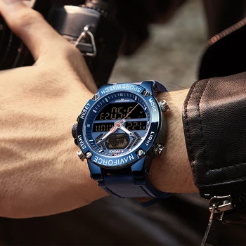 NAVIFORCE 2020 Mens Relógios de alto Luxo da Marca de Quartzo relógio de Pulso de Couro Impermeável Esporte Duplo Visor Relógio Homens Relógio Masculino