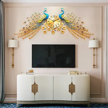 Amo maquiagem asas voando pavão relógio de parede sala de estar auspicioso atmosfera de luxo de parede gráficos mudo de quartzo relógio decorativo