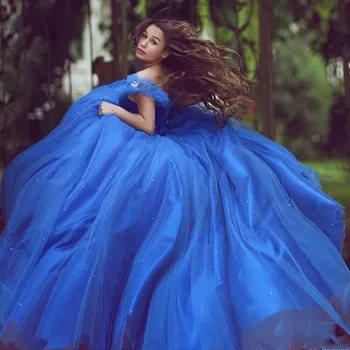 Cinderela Azul Royal Vestidos De Quinceanera Bola Vestido De Ombro Fora Inchados De Tule Frisado Festa Sweet 16 Vestido