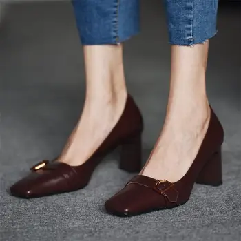 EOEODOIT Moda Saltos de Sapatos de 2021 Primavera Mulheres Novas de Couro de Salto Alto Dedo do pé Quadrado Bombas de Vestido de Festa de Trabalho de Escritório Sapatos 7 cm