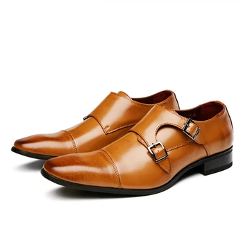 2019 Quente Genuíno Sapatos De Couro Para Homens Casamento Escritório Sapatos De Vestido Marrom Pátina Artesanal Monge Tira Os Sapatos Casuais, Calçados