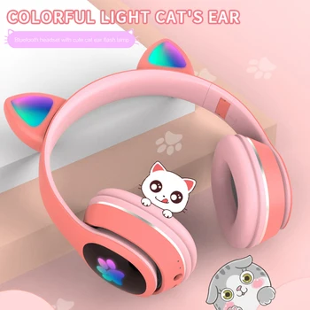 Flash de LED de Criança Menina Música Capacete sem Fio de Gato Bonito Bluetooth Fone de ouvido Com Microfone Pulseira de Telefone, Fone de ouvido Gamer Presente