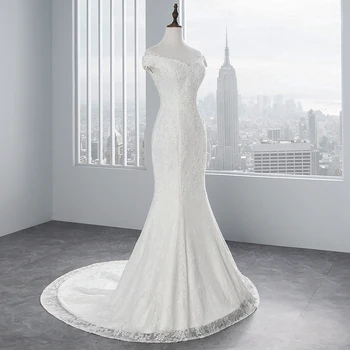PoemsSongs foto real do estilo novo do barco pescoço bonita do laço do vestido de casamento de 2020 para o casamento, Vestido de noiva vestido de noiva Sereia