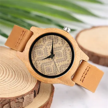Luxo Caso De Bambu Mulheres Relógios Do Esporte Casual Madeira Senhoras Relógio Pulseira De Couro Genuíno Dial Diamante Relógio De Quartzo Melhor Fêmea De Presente