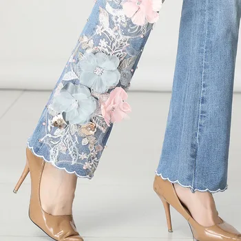 FERZIGE 3D Decalque de Luxo Beading Bordado Calças para Mulheres Moda Skinny Stretch Cintura Alta Jeans Feminino Azul Casual Slim Fit Calças