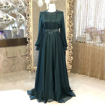 Muçulmano Vestidos De Noite Elegante, O Decote Frisado Apliques Longo Mangas De Tule Verde Marrocos Kaftan Árabe De Dubai Prom Vestido De Festa