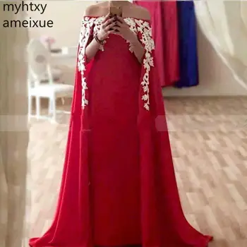 2020 Novas Riyals De Arabian Formal Vestidos Com Cabo De Eventos De Longa Plus Size Vestidos De Noite Feito Vestido Vermelho Apliques De Robe De Sarau
