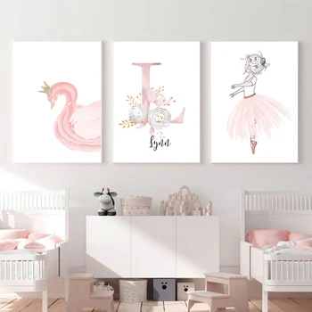 Bebê cartaz personalizado menina de nome personalizado jardim-de-infância cartaz de impressão cor-de-rosa flores de arte de parede de lona para quarto de meninas