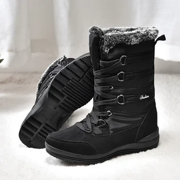 Mulheres Botas de Caminhada 2021fashion de Couro Sapatos de Inverno Preto Quente Pulsh Botas ao ar livre Impermeável Botas de Neve Plus Size 34-42