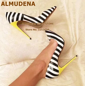 ALMUDENA 12cm Amarelo Saltos Zebra Stripe Padrão de Casamento Sapatos de Mulher de preto/Branco Colorido de Salto Alto Bombas de Banquete Sapatos Size45