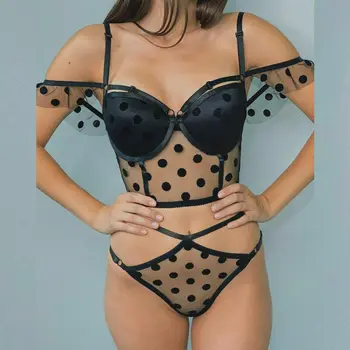 2020 lingerie Sexy Mulheres de Lingerie de Bolinhas Off Ombro Malha de Renda Curativo Babydoll Transparente Cueca Sutiã Definido Feminino S-XL