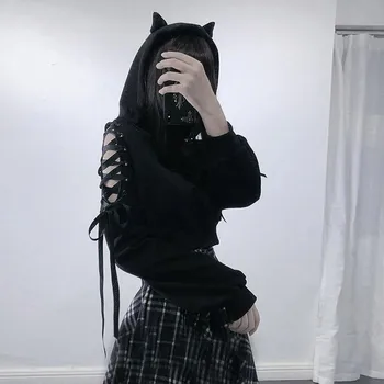 Sexy curto jumper Mulher Gato Orelha Capuz Camisola de Manga Longa com Capuz de Moletom Bonito Blusa ropa de mujer 2020