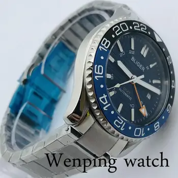 BLIGER 41 Homens do Topo Casual de Negócios, Relógio de Cristal de Safira Bisel de Cerâmica Dial Azul Luminoso GMT Relógio Automático de Presente de Luxo