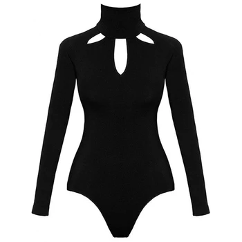 Moda Bodysuit Corpo das Mulheres é adequado para Mulheres Sexy Romper Preto Simulação de Pescoço Longo da Luva Ocos de Volta Bodysuit 2021 Primavera Macacão