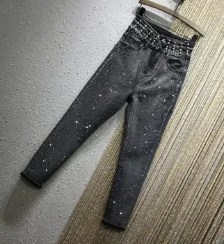 Strass cintura alta quente diamante calças de brim das mulheres 2020 outono inverno nova moda cintura alta esticar os pés jeans lápis