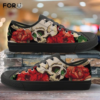 FORUDESIGNS 3D do Crânio e Rose Impresso Womens Sapatos Padrão Floral Top Baixa Senhoras Sapatos Primavera/Outono Mulher Vulcanizada Tênis