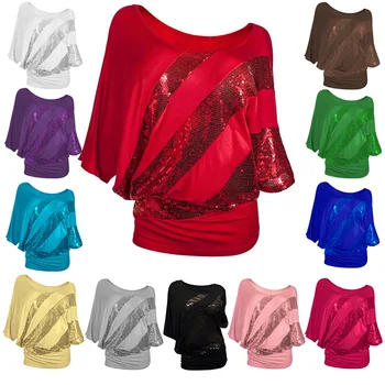 TEXIWAS Quente Novas Mulheres Plus Size Glitter Off Ombro Batwing Camisas, Tops de Paetês Túnica Feminina T-Shirt Solta Streetwear