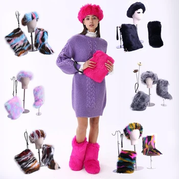 2020Winter Menina Fashion Faux Fox Fur Botas de Neve de Senhoras Fofas Sapatos de Pelúcia Mulheres de Turbante E a Bolsa Botas de Conjuntos Plus Size 34-44