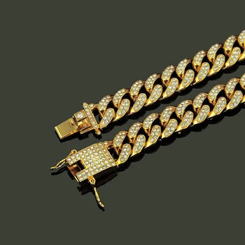 Sólida Colar de 12mm Cubano colar de cadeia grande colar de ouro com strass colar cintilante homens rapper jóia Reluzente