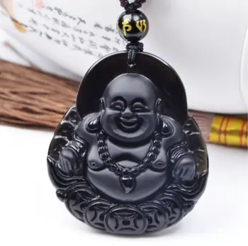 Natural obsidiana mão de Buda esculpida sorte amuleto pingente colar de Miçangas