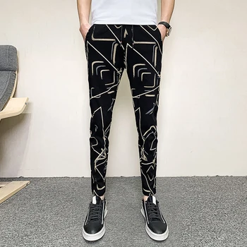 2020 Verão Homens Casual Calças Pretas Nova Marca Slim Fit Padrões Geométricos Calças De Harém De Homens Streetwear Calças De Mens Vestuário De 34-28