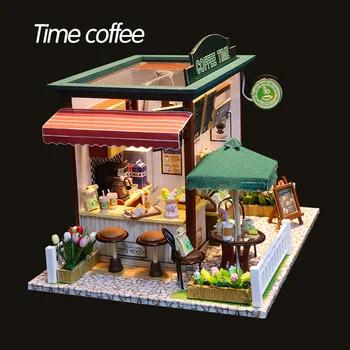 Casa de bonecas em Miniatura DIY Casa de bonecas Com os Móveis de Madeira de Café Tempo de Casa-Loja de Brinquedos Para Crianças Meninas de Aniversário, Presente de Natal