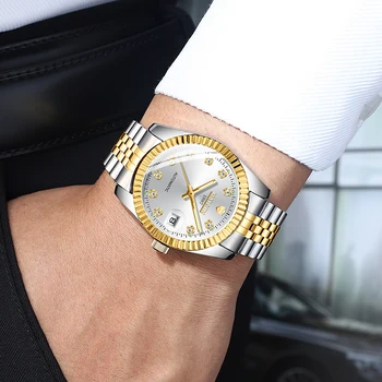 Haiqin Mecânico Automático Homens Relógio de Ouro de Aço Negócios de Luxo observar os Homens ao ar livre Impermeável Watch Presente da Moda Reloj homens