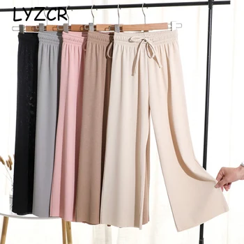 LYZCR de Perna Larga Mulheres Calças de Verão Causal Solta Calças de Cintura Alta Para as Mulheres, Calças Retas Calça Feminina Slim