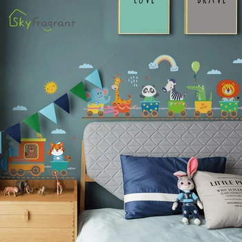 Dos desenhos animados de animais de trem adesivo de parede auto-adesivo quarto de crianças, decoração de quarto de bebê adesivos de rodapé parede decoração decoração de casa
