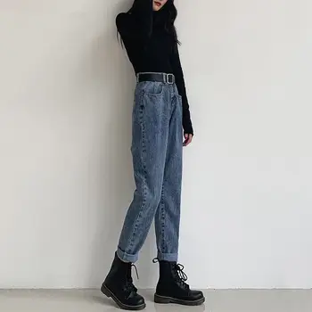 2020 cintura alta jeans mulheres solta os estudantes coreanos retro reta Harlan calças