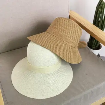 As mulheres os Chapéus de Chapéu de Senhoras Menina Disquete de Palha Protetor solar Arco-Nó de Verão De 2019 Nova Moda Elegante e Simples de Férias à beira-Mar Sólido