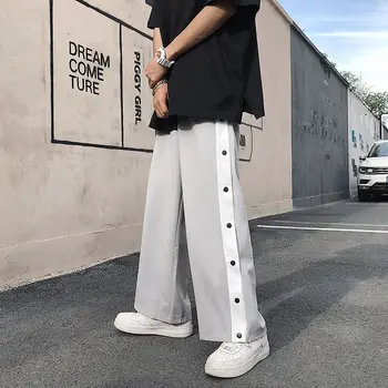 Reta Calças de Moda masculina de Algodão Casual Calças dos Homens Streetwear Selvagem Solto Hip-hop Botão Mens de Calças de Corredores de Moletom